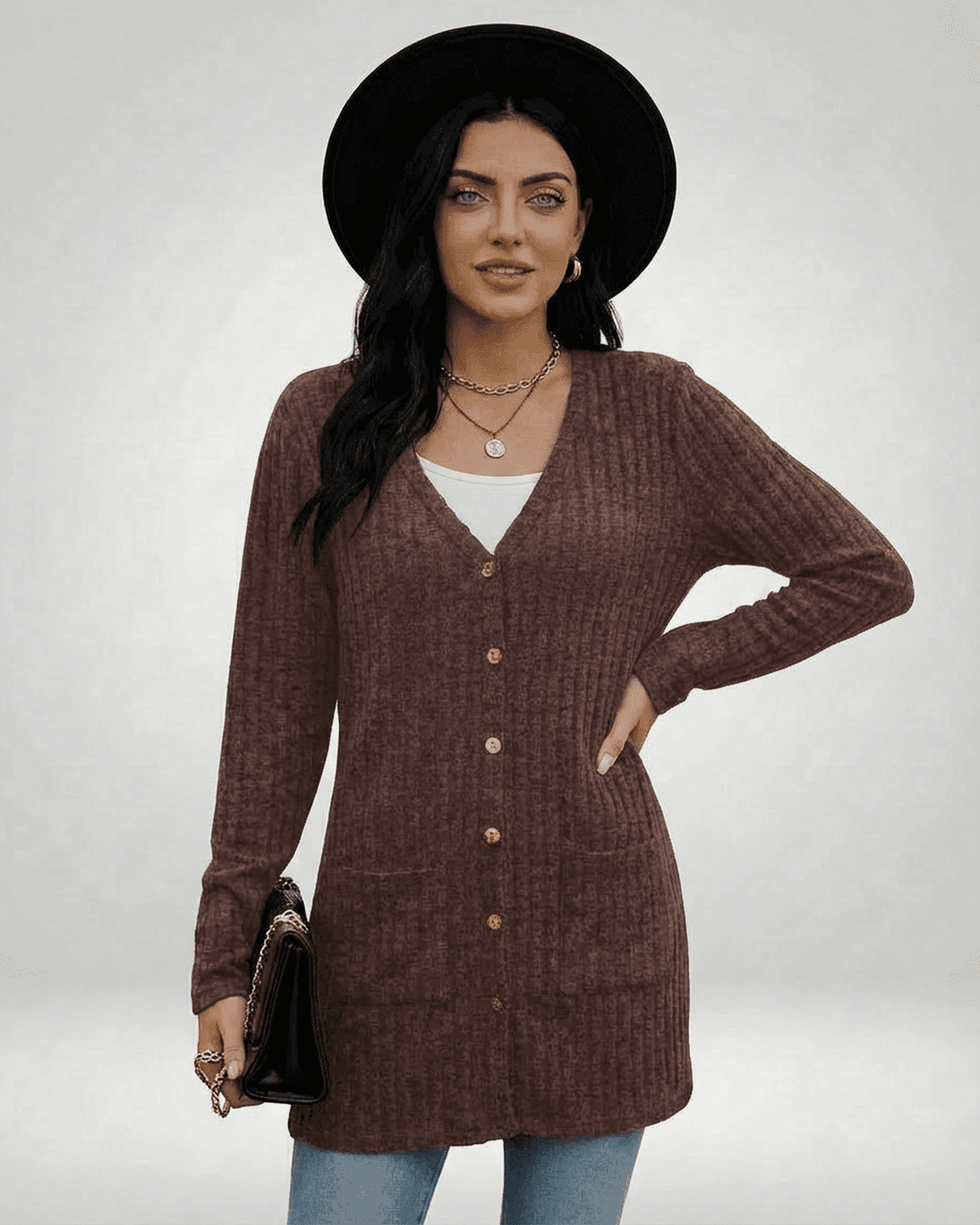 Cairo Cardigan by SLIMONA, longline knitwear with button front and V-neck, perfect for stylish comfort.