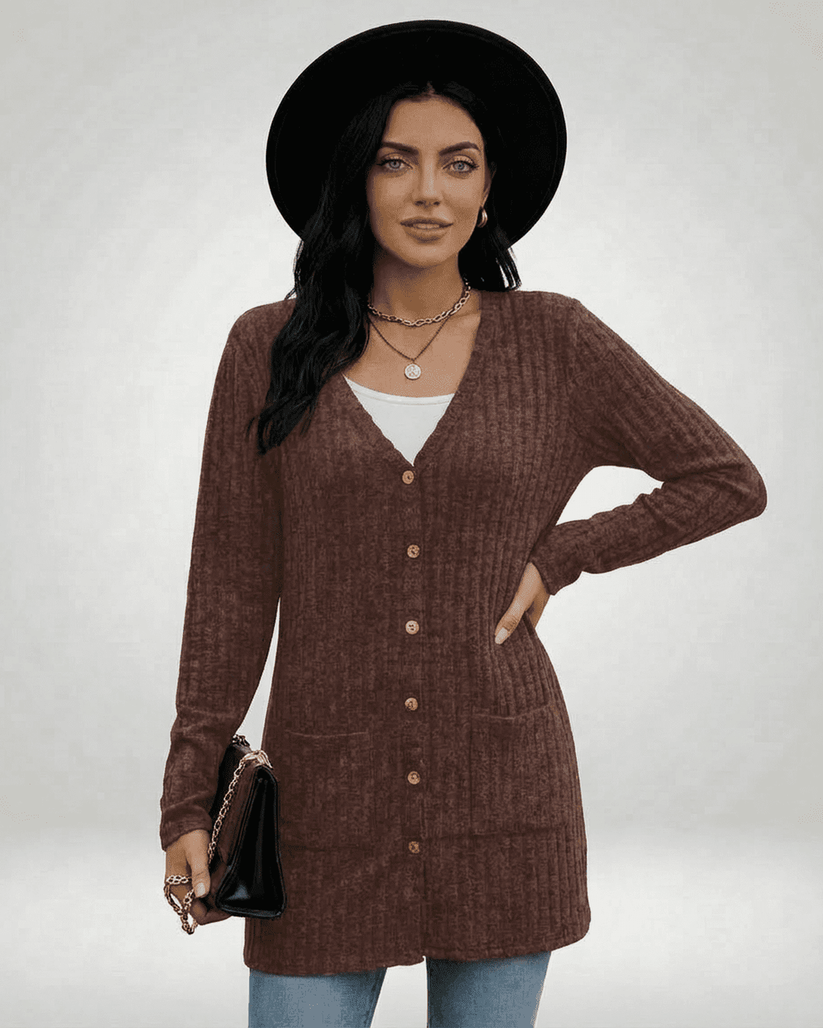 Cairo Cardigan by SLIMONA, longline button-front knitwear in a rich brown color, V-neck, and stylish design.