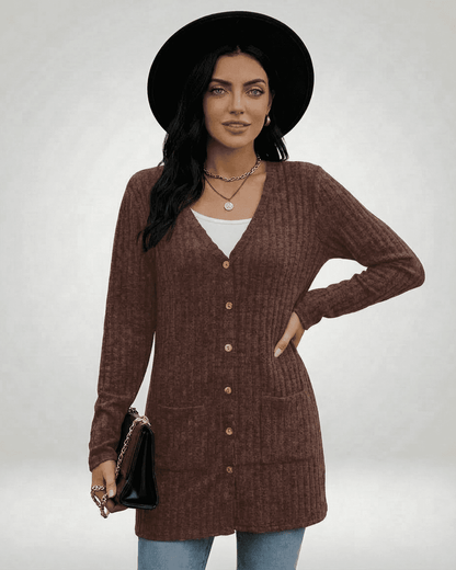 Cairo Cardigan by SLIMONA, longline button-front knitwear in a rich brown color, V-neck, and stylish design.