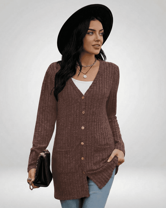 Cairo Cardigan by SLIMONA, a stylish longline button-front knitwear for women in brown.