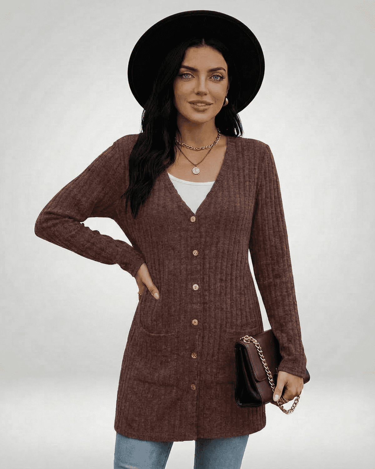 Cairo Cardigan by SLIMONA - Longline button-front knitwear in brown, featuring V-neckline and stylish pockets.