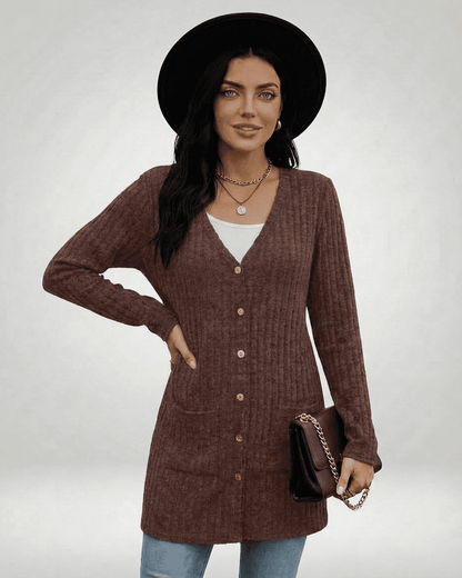 Cairo Cardigan by SLIMONA - Longline button-front knitwear in brown, featuring V-neckline and stylish pockets.