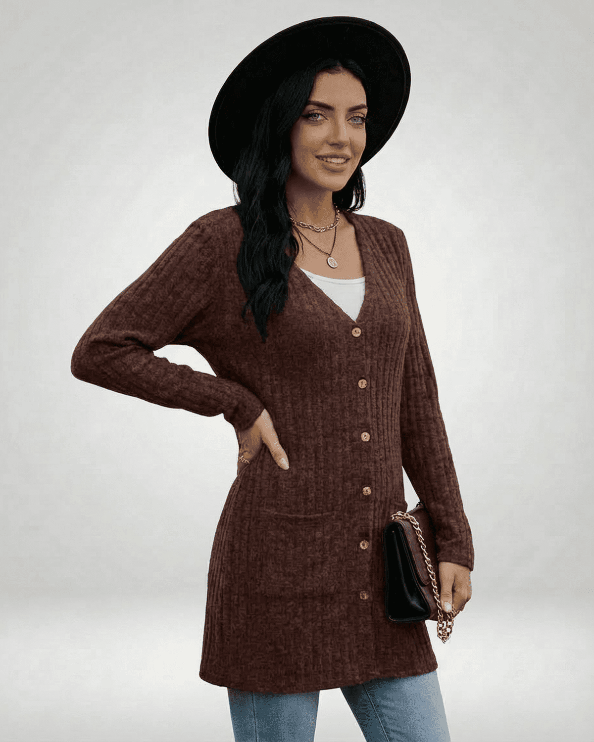 Cairo Cardigan by SLIMONA, a longline button-front knitwear cardigan in rich brown, perfect for everyday style.