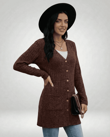 Cairo Cardigan by SLIMONA, a longline button-front knitwear cardigan in rich brown, perfect for everyday style.