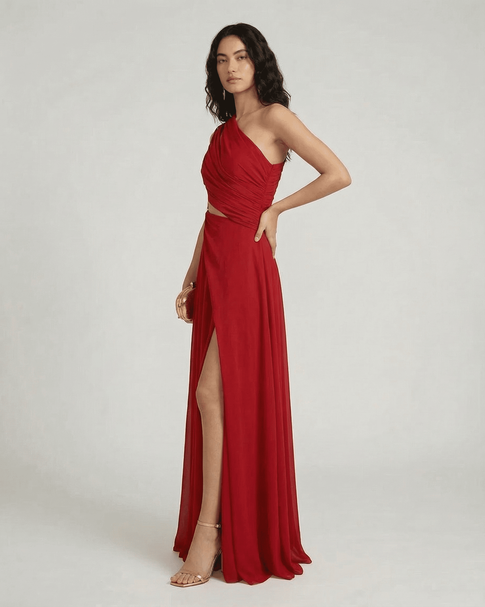 Caldera Maxi Dress by SLIMONA, elegant one-shoulder red maxi dress with high waist and side slit.