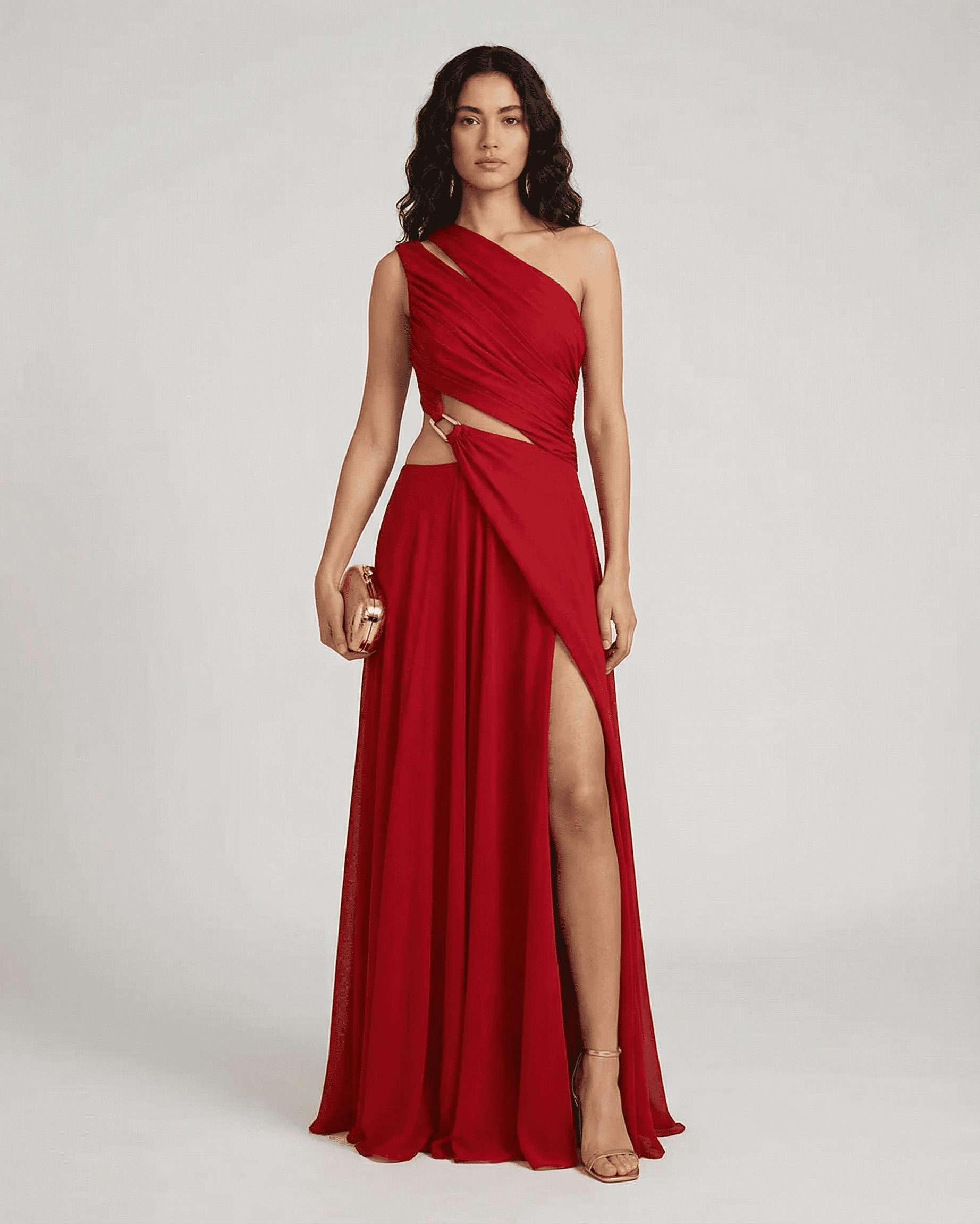 Caldera Maxi Dress by SLIMONA - Elegant one-shoulder red maxi dress with side slit and high waist.