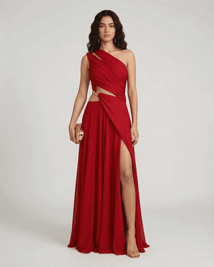 Caldera Maxi Dress by SLIMONA - Elegant one-shoulder red maxi dress with side slit and high waist.
