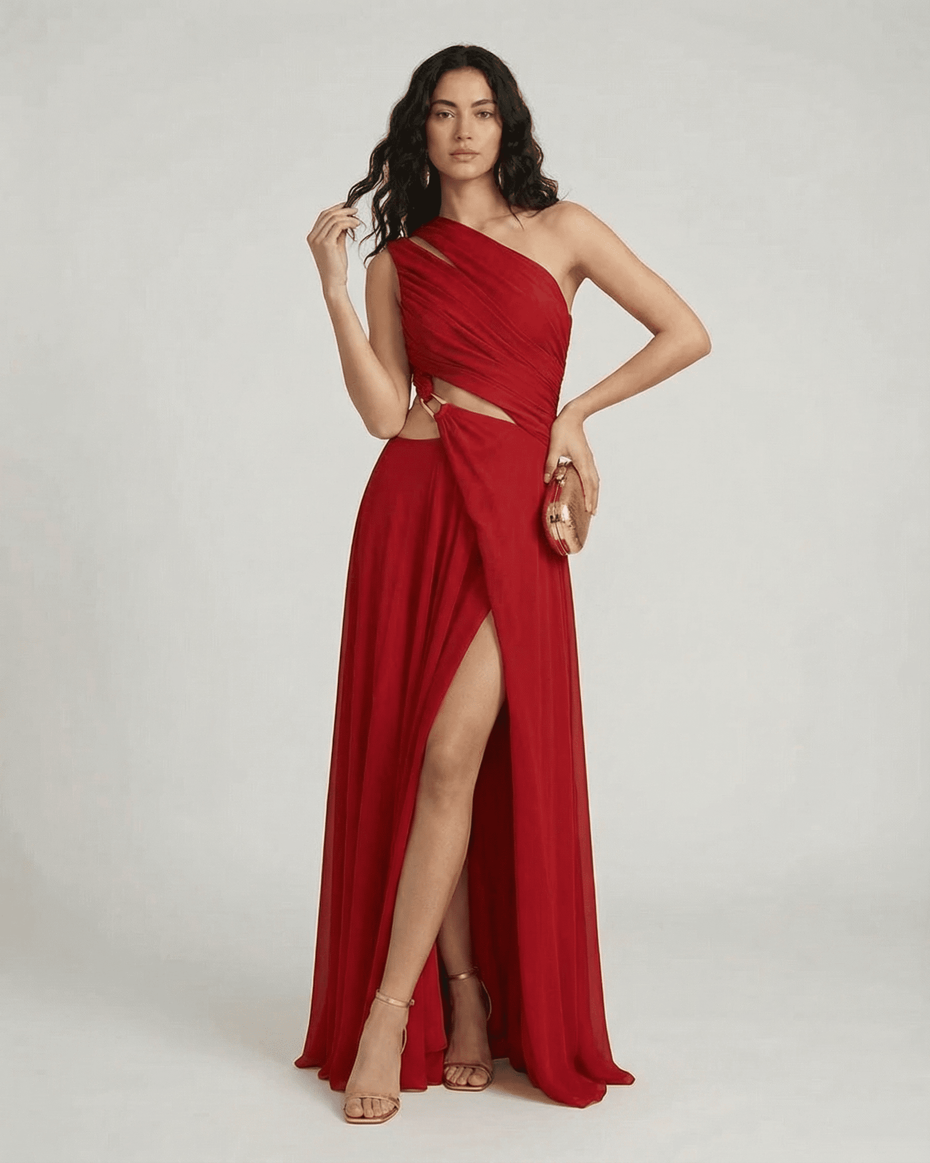 Caldera Maxi Dress by SLIMONA, elegant one-shoulder red maxi dress with side slit and flowing silhouette.