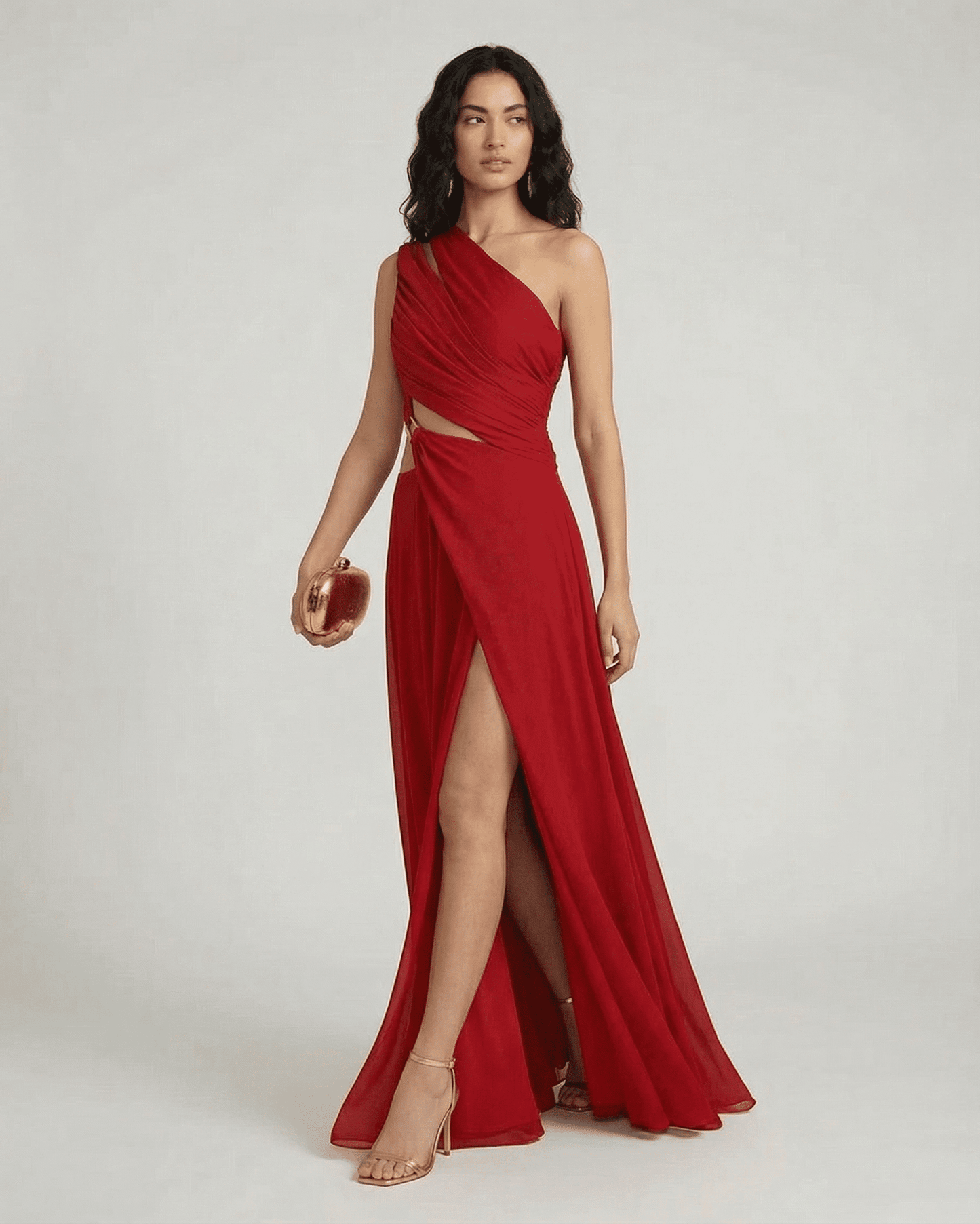 Caldera Maxi Dress by SLIMONA, elegant one-shoulder red maxi dress with side slit and high waist.