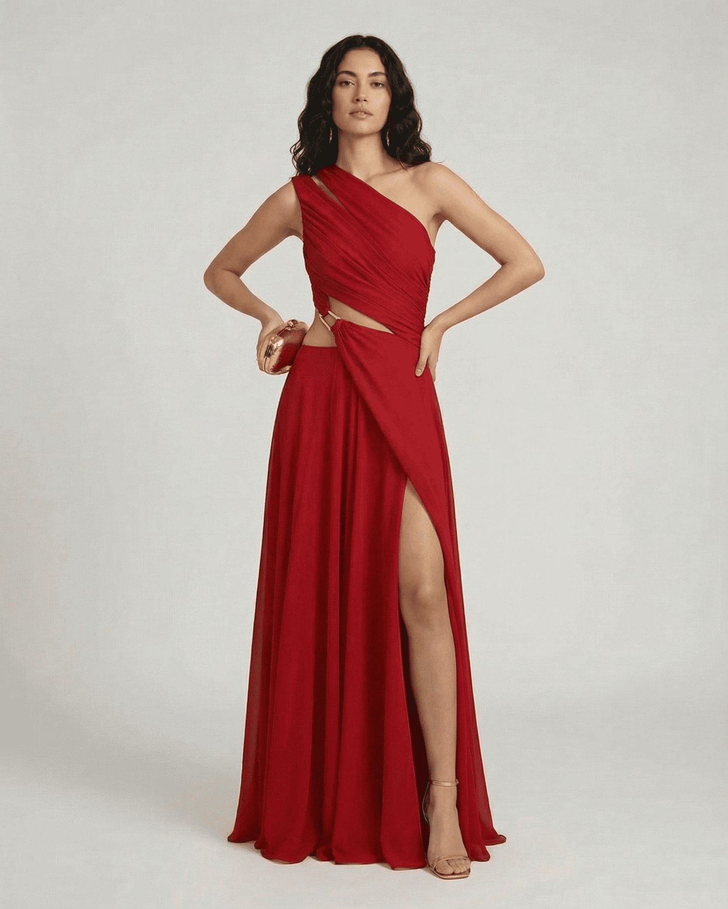 Caldera Maxi Dress by SLIMONA, elegant one-shoulder red maxi dress with high waist and side slit.