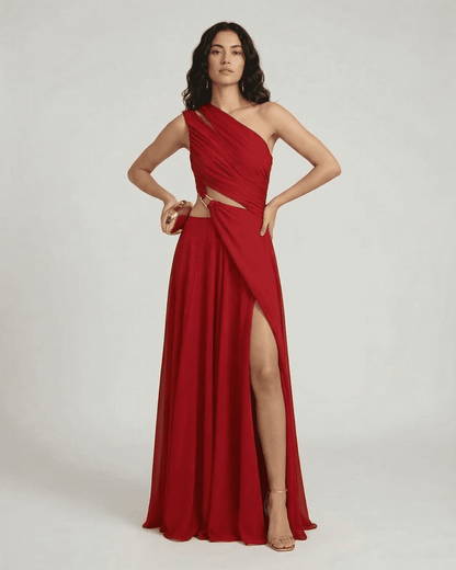 Caldera Maxi Dress by SLIMONA, elegant one-shoulder red maxi dress with high waist and side slit.