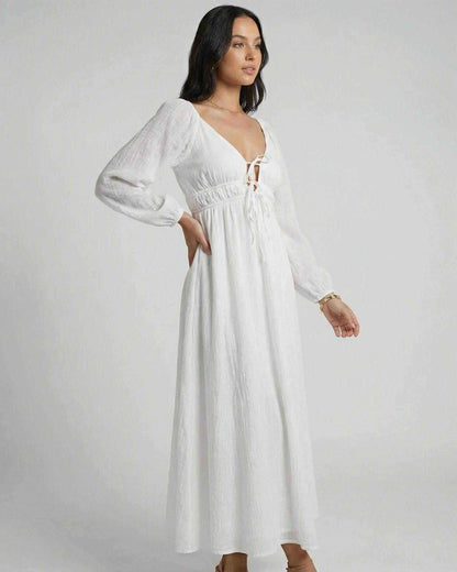 Calista Maxi Dress by Lauven — Elegant ankle-length design with deep V-neckline and flowing silhouette.