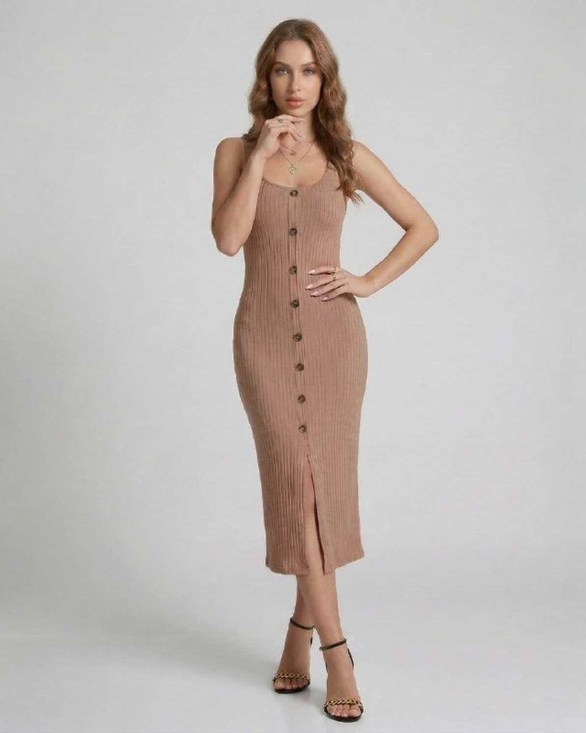Calista Midi Dress by Lauven, beige ribbed sleeveless dress with button front and front split.