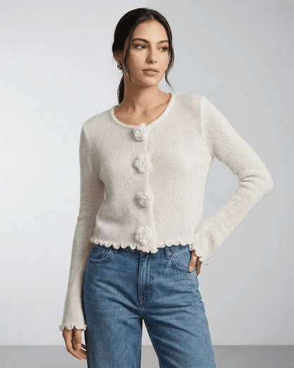 Camellia Cardigan by SLIMONA, featuring floral button detailing and a soft knit texture for elegant everyday style.