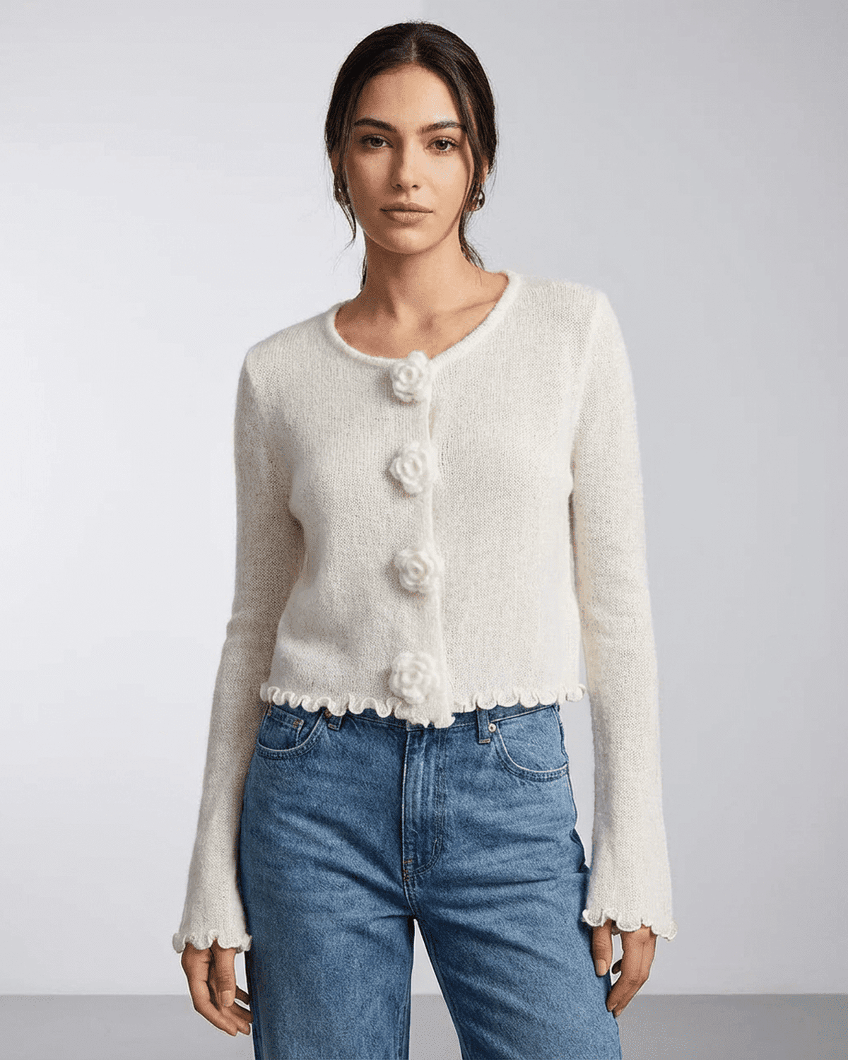SLIMONA Camellia Cardigan - Women's floral button knit cardigan with a soft texture and elegant design.