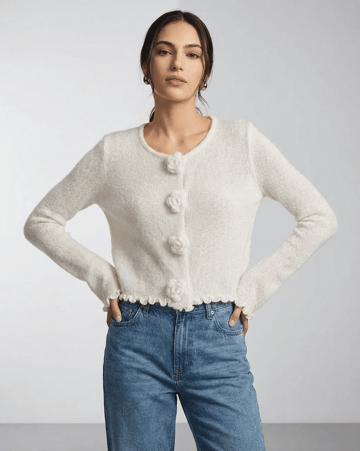 Camellia Cardigan by SLIMONA - Floral Button Knit Cardigan with elegant detailing and a crop fit in soft knit texture.