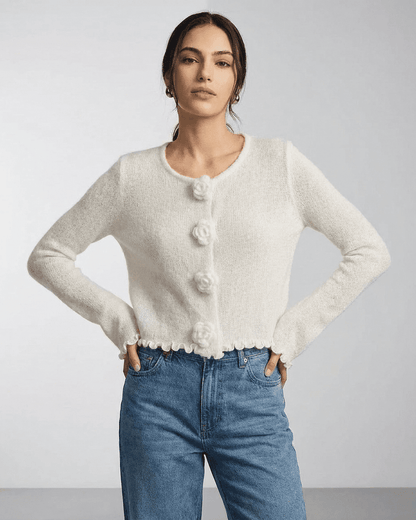 Camellia Cardigan by SLIMONA - Floral Button Knit Cardigan with elegant detailing and a crop fit in soft knit texture.