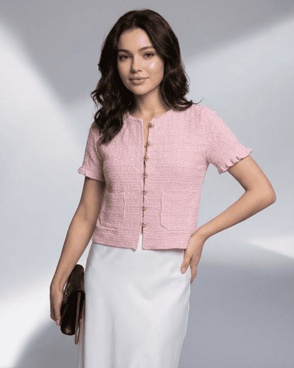 SLIMONA Camellia Cardigan in pink, short sleeve knit with O-neck and button closure for elegant styling.
