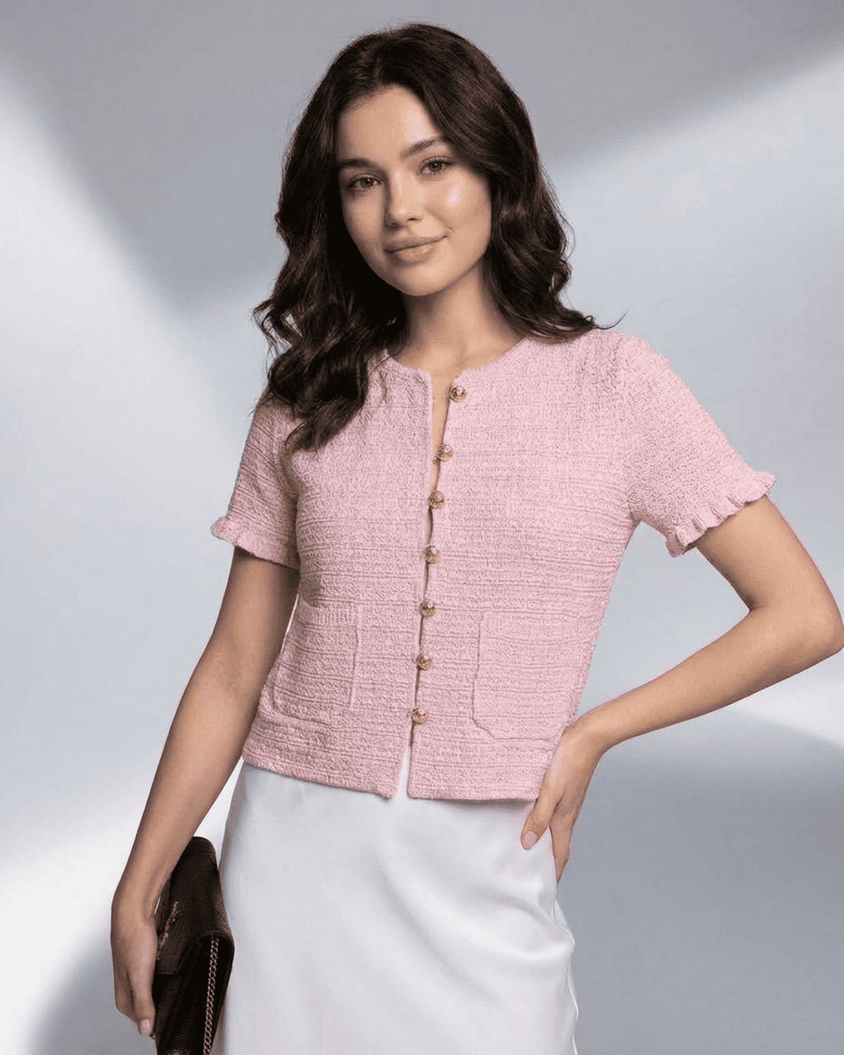 SLIMONA Camellia Cardigan - Short Sleeve Buttoned Knit O-Neck in soft pink, perfect for warm-weather styling.