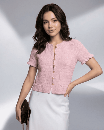 Camellia Cardigan by SLIMONA, short sleeve pink knit with O-neck, perfect for warm-weather styling.
