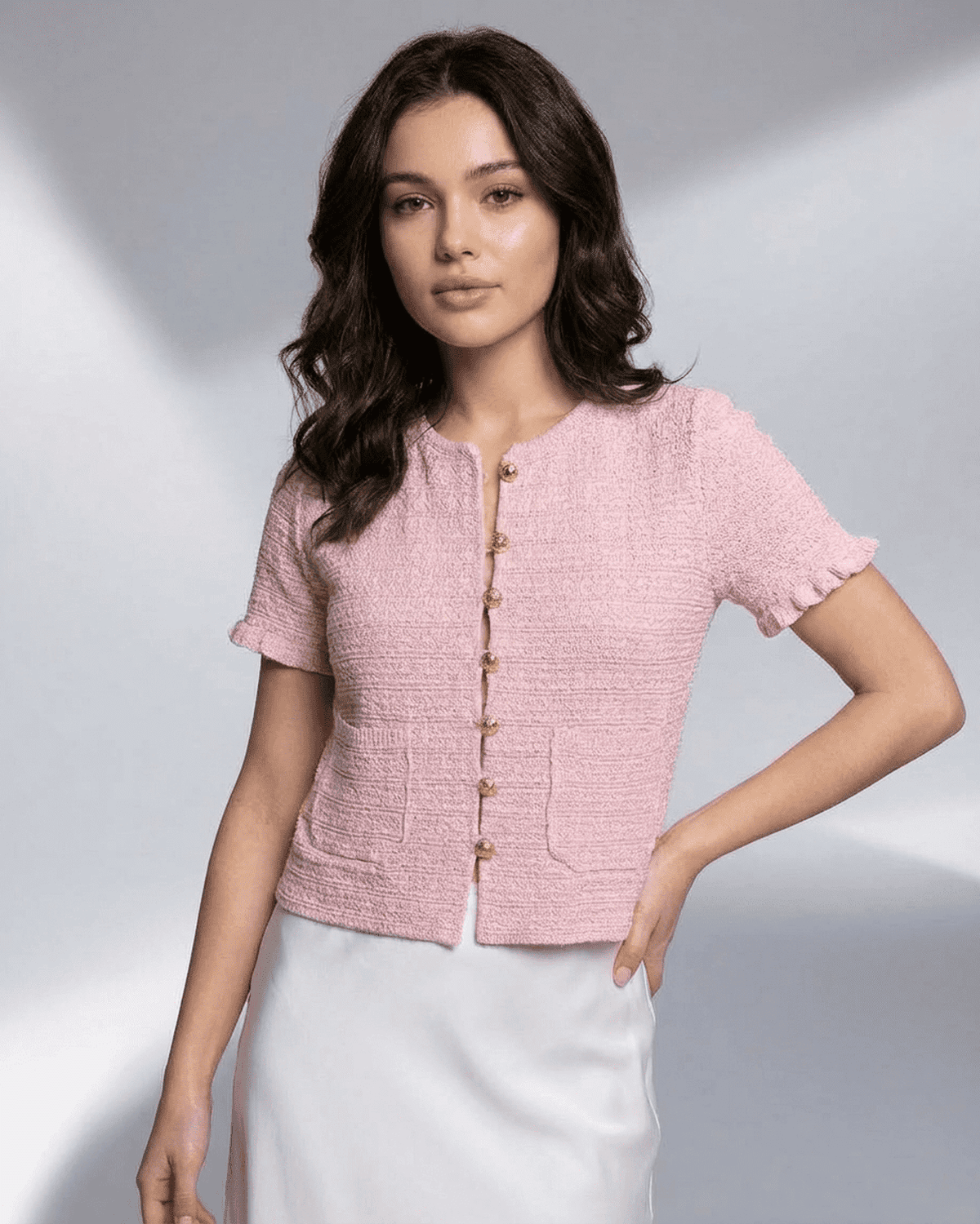 Camellia Cardigan by SLIMONA, short sleeve buttoned knit cardigan in soft pink with O-neck design.