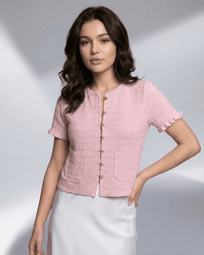 Camellia Cardigan by SLIMONA, short sleeve buttoned knit cardigan in soft pink with O-neck design.