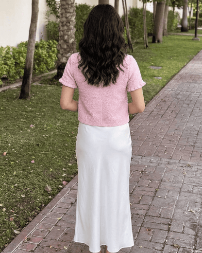 Camellia Cardigan by SLIMONA, short sleeve knit cardigan in pink, stylish and lightweight for warm-weather dressing.