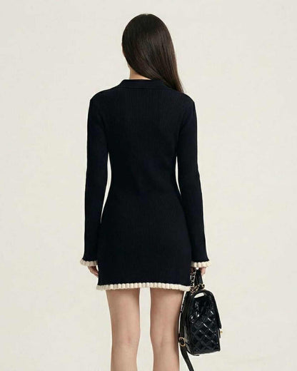 Capri Mini Dress by Lauven - Black long sleeve bodycon mini dress with contrast trim and ribbed texture.