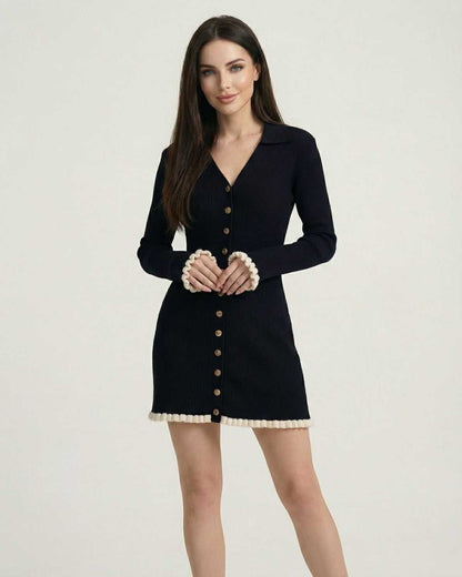 Capri Mini Dress by Lauven, a black long sleeve bodycon dress with V-neck and contrast trim.