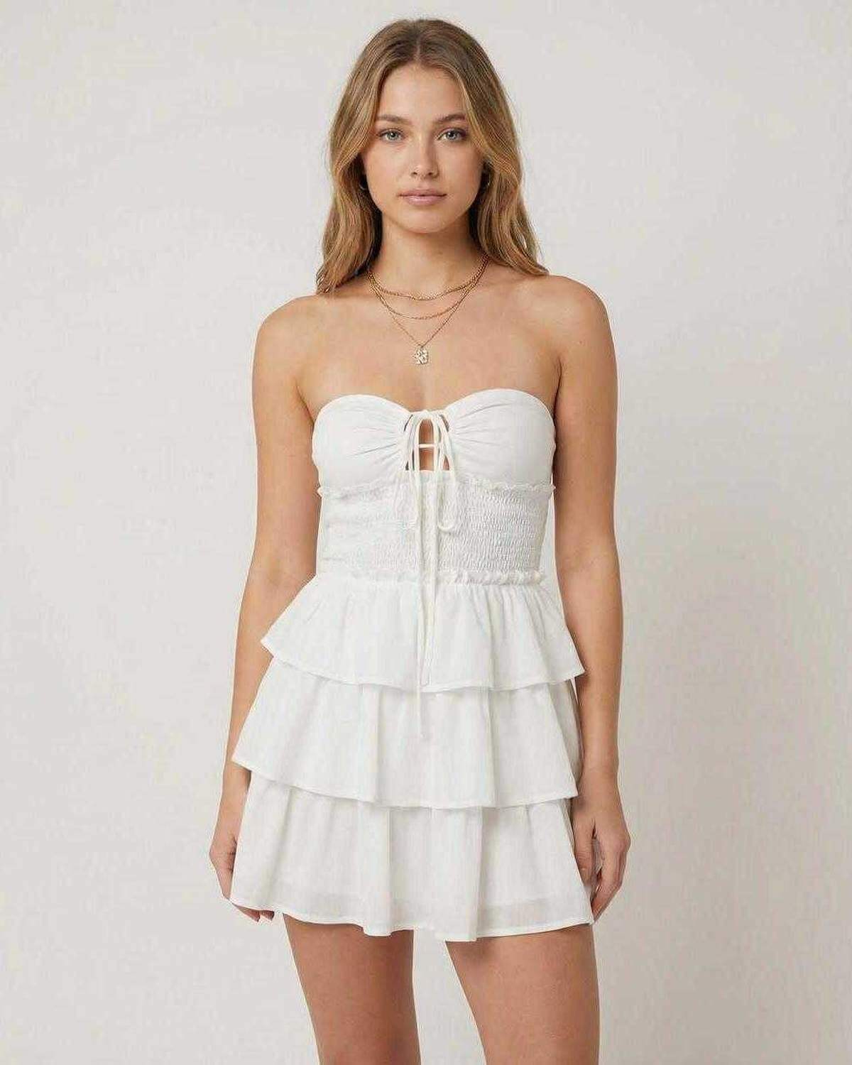 Capri Mini Dress by Lauven, off-shoulder A-line silhouette with layered short skirt in white.