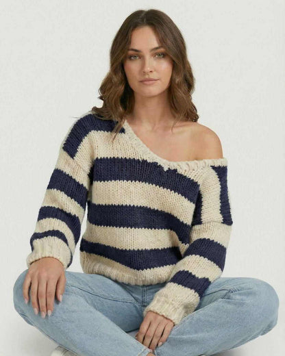 Capri Pullover by Lauven - Striped V-Neck Knit Sweater with Relaxed Fit and Classic Navy and Ivory Colors