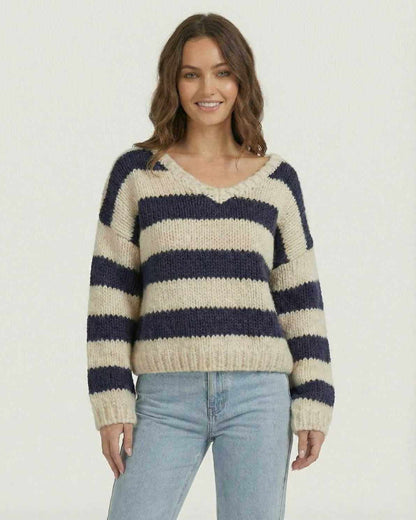 Capri Pullover by Lauven in navy and ivory striped knit with a relaxed fit and V-neck design.