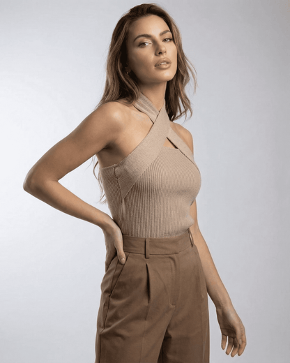 Capri Top by SLIMONA featuring ribbed halter design for women, elegant and versatile for casual or styled looks.