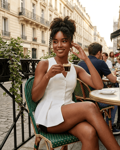 Celeste Blouse by SLIMONA, sleeveless satin V-neck style, styled for outdoor café setting.