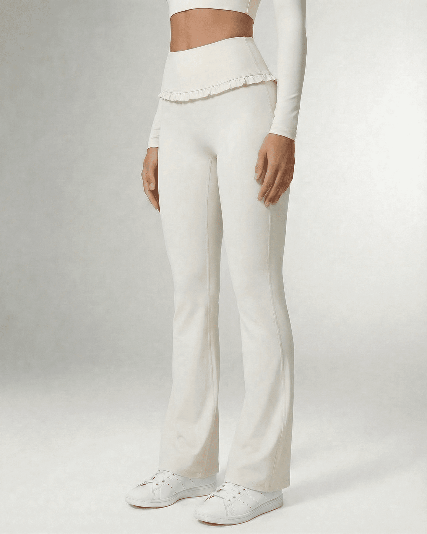 Celeste Leggings by SLIMONA, elegant white flare pants with high waist and pockets, perfect for stylish comfort.