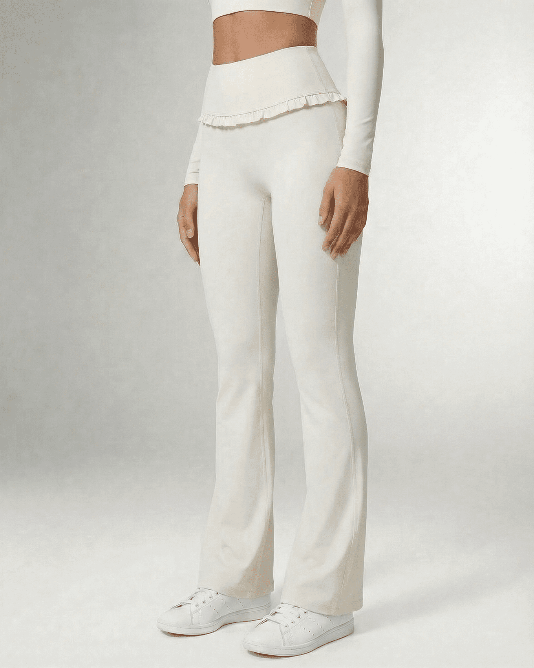 Celeste Leggings by SLIMONA, elegant white flare pants with high waist and pockets, perfect for stylish comfort.