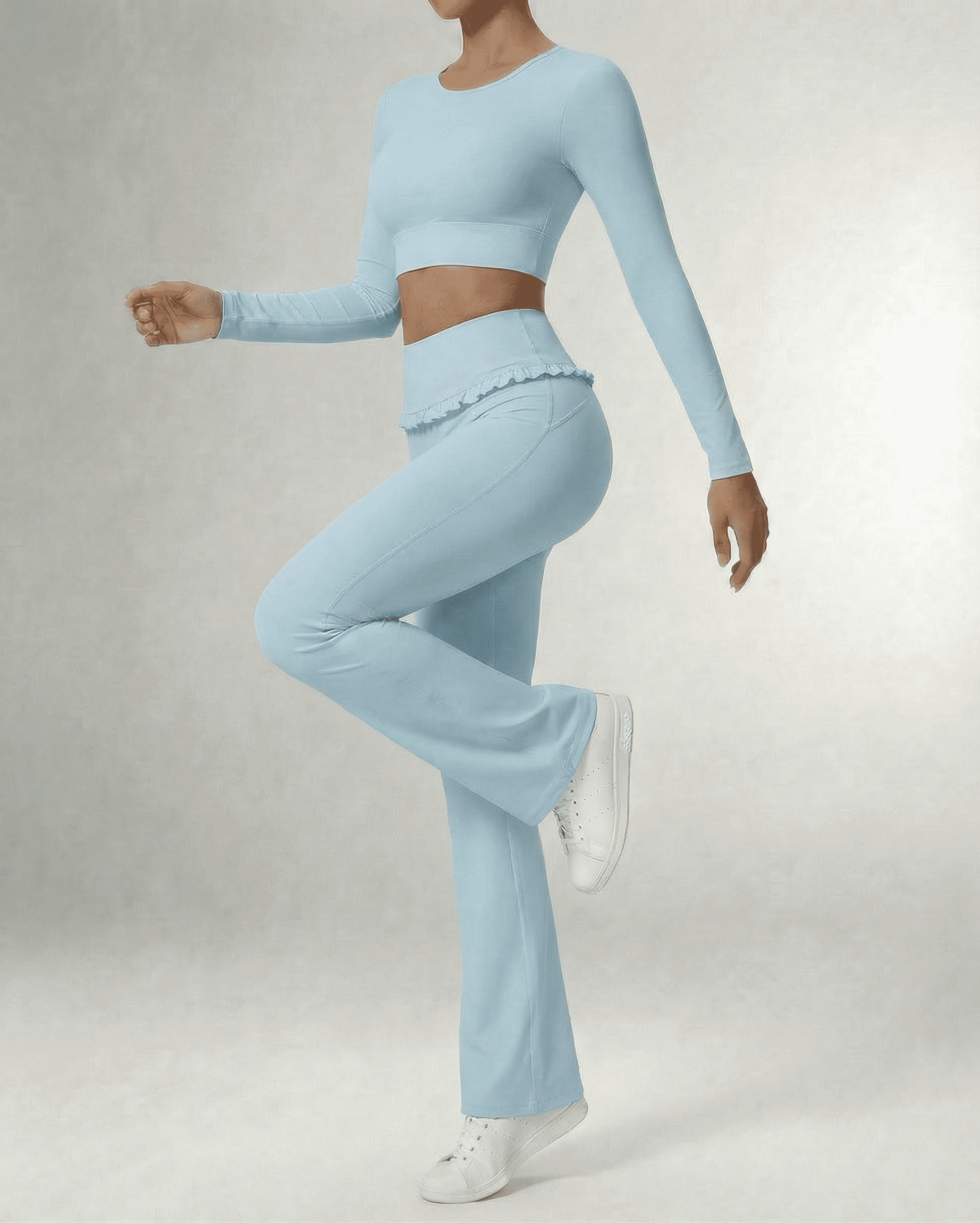Celeste Leggings Blue by SLIMONA, stylish light blue flare pants with pockets and a comfortable fit.