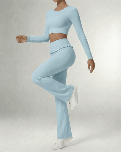 Celeste Leggings Blue by SLIMONA, stylish light blue flare pants with pockets and a comfortable fit.