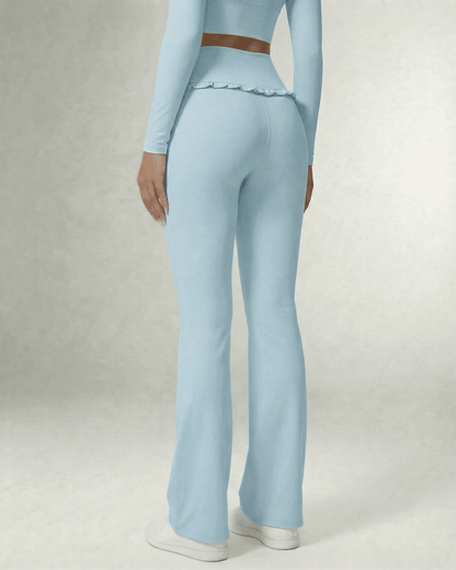 Celeste Leggings Blue by SLIMONA, showcasing stylish light blue flare pants with pockets.