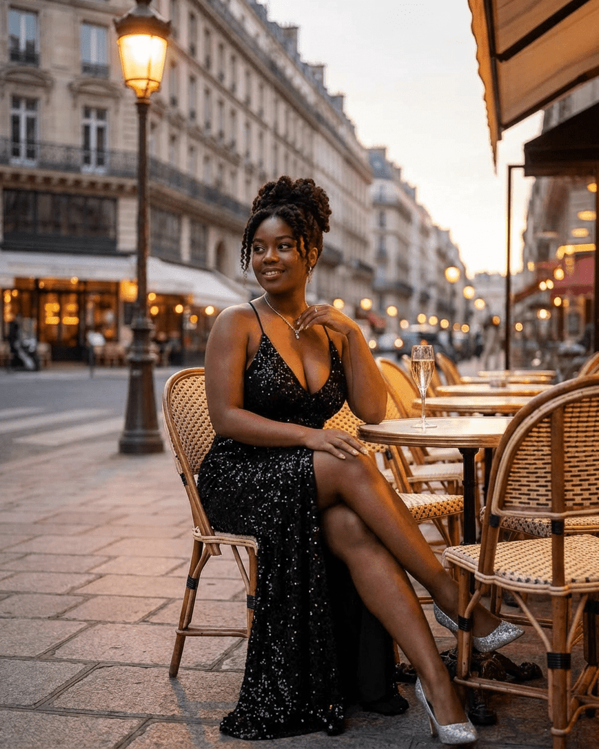 Celeste Maxi Dress by SLIMONA, an elegant black velvet sequin dress worn outdoors at a chic Parisian café.