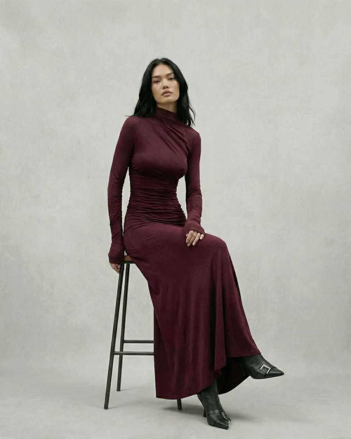 Celeste Maxi Dress by Lauven in elegant burgundy, showcasing a sheath silhouette with a half-high collar and raglan sleeves.