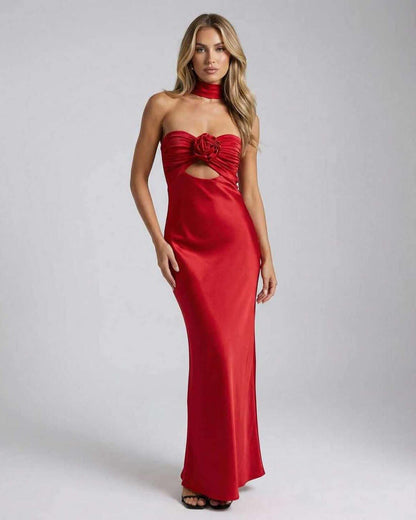 Celeste Maxi Dress by Lauven - Elegant red satin strapless gown with rose detail and flared silhouette.