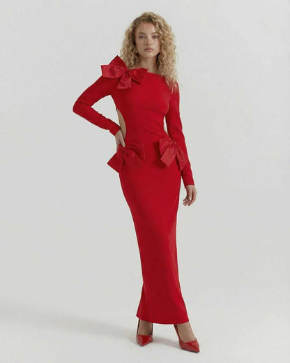 Celeste Maxi Dress by Lauven featuring an elegant red sheath silhouette with bow accents.
