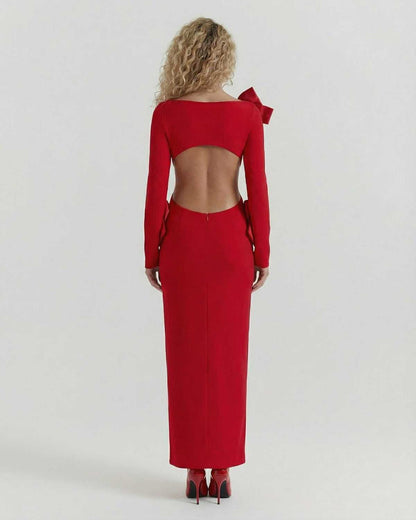 Celeste Maxi Dress by Lauven, elegant red sheath dress with bow accents, showcasing back design and ankle-length silhouette.