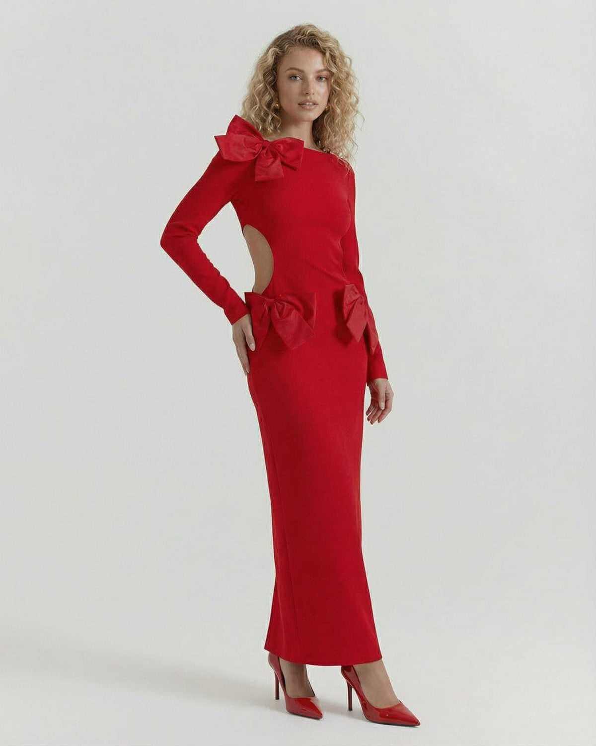 Celeste Maxi Dress by Lauven in elegant red with bow accents, perfect for autumn and winter occasions.