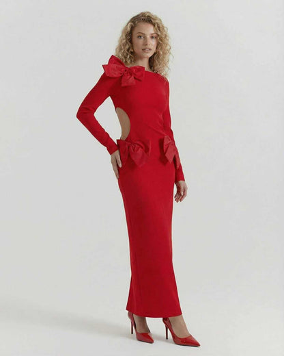 Celeste Maxi Dress by Lauven in elegant red with bow accents, perfect for autumn and winter occasions.
