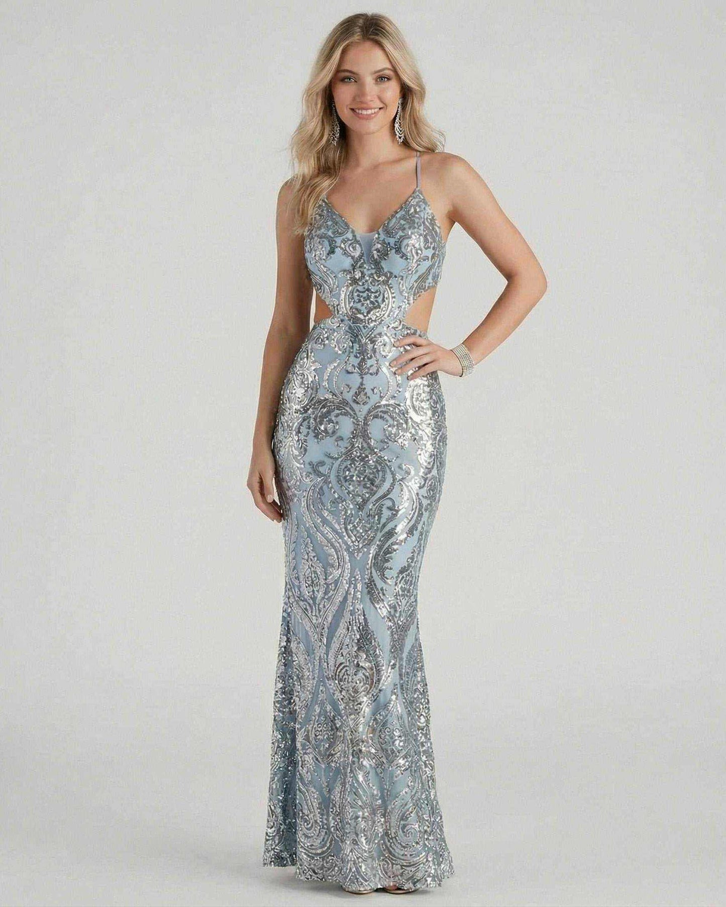 Celeste Maxi Dress by Lauven - Elegant sequin evening gown in blue with a mermaid silhouette and V-neckline.