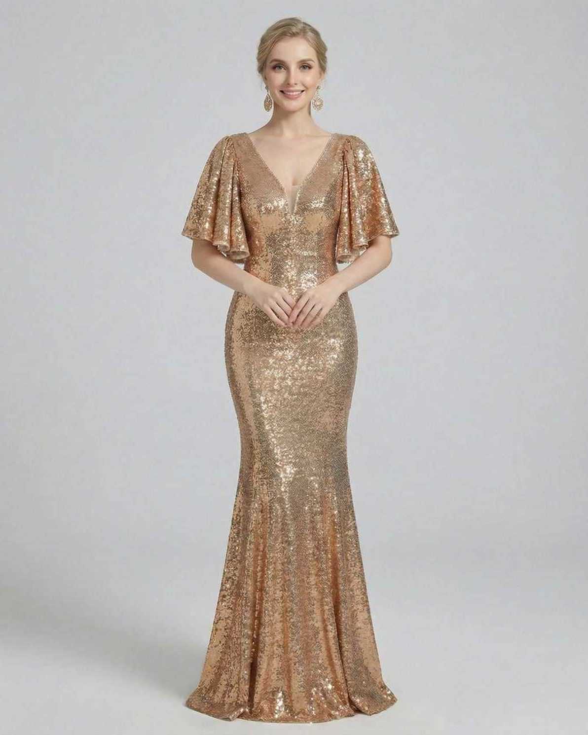 Celeste Maxi Dress by Lauven, elegant sequin evening gown in radiant gold tone, perfect for formal events.