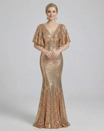 Celeste Maxi Dress by Lauven, elegant sequin evening gown in radiant gold tone, perfect for formal events.