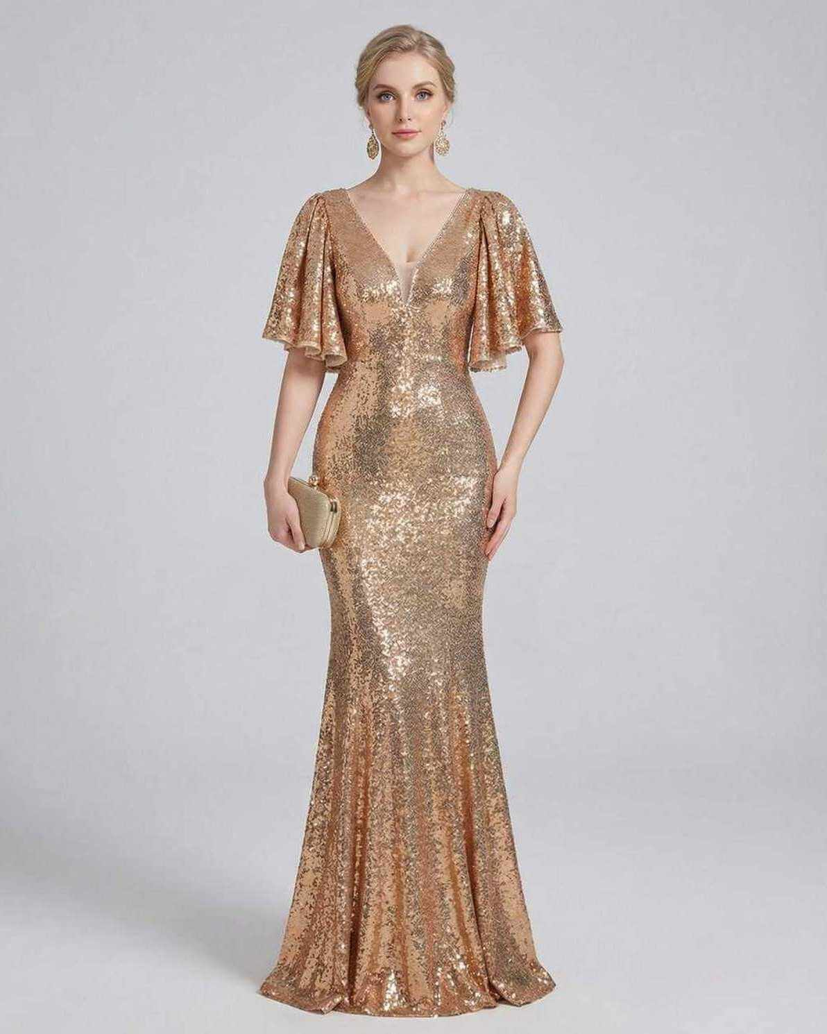 Celeste Maxi Dress by Lauven, elegant sequin evening gown in radiant gold tone, perfect for formal events.